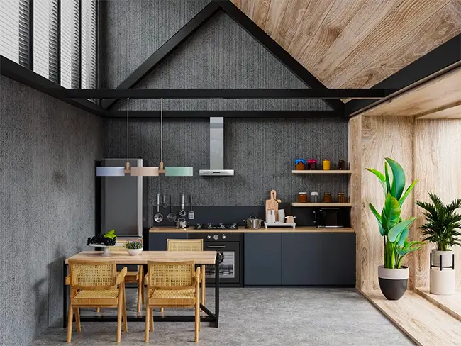 Cozinha preta com madeira